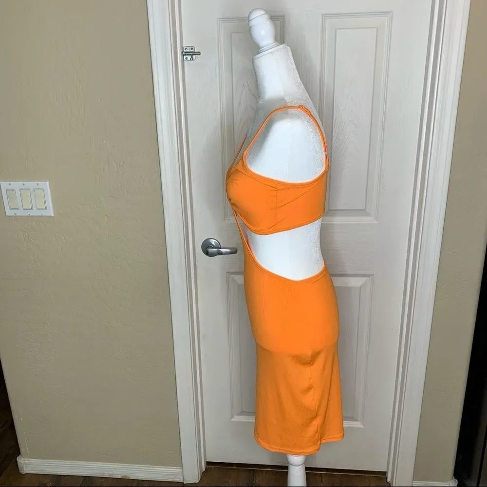 Shein Double Crazy Ruched Bust Cutout Bodycon Dress Size XS Orange